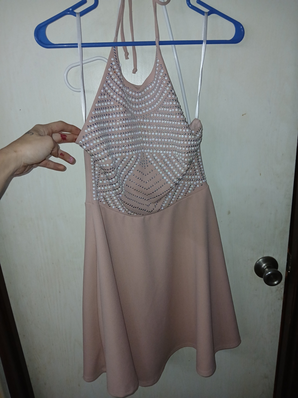 Beaded Halter Skater Dress in Blush